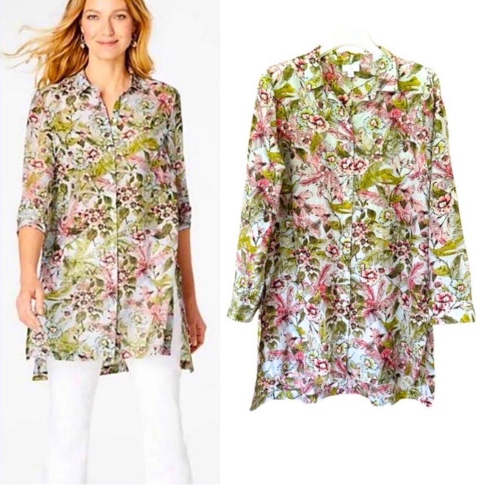 J. Jill Silk Blend Hummingbird Tropical Floral Button Down Blouse Sz L - Picture 2 of 12